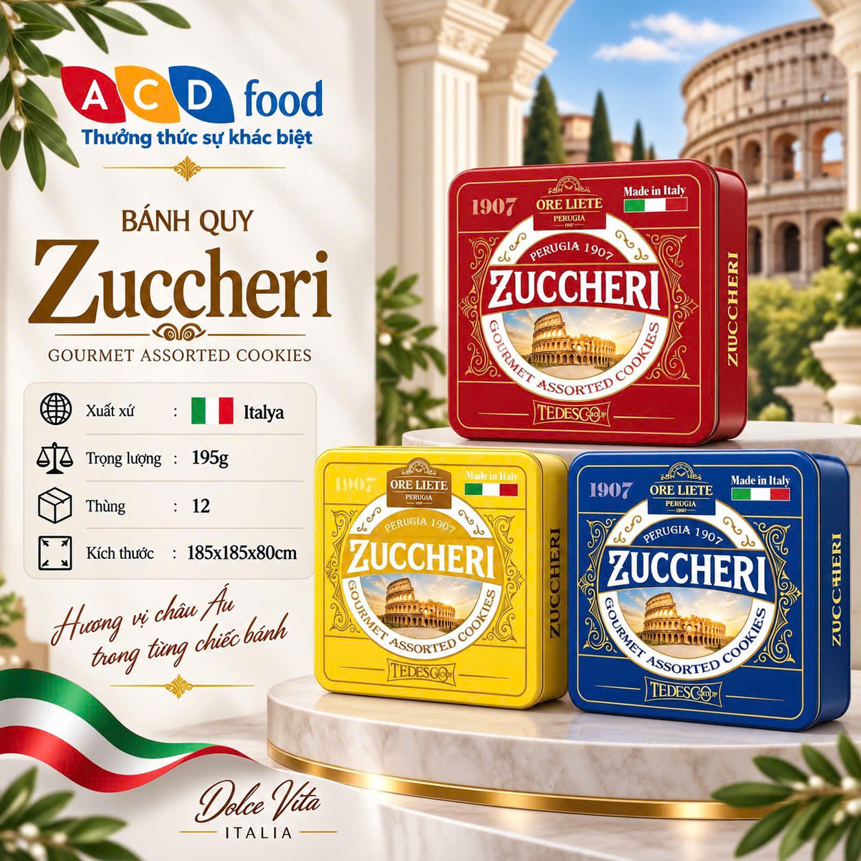 Bánh quy phủ hạt đường Zuccheri 195g*12