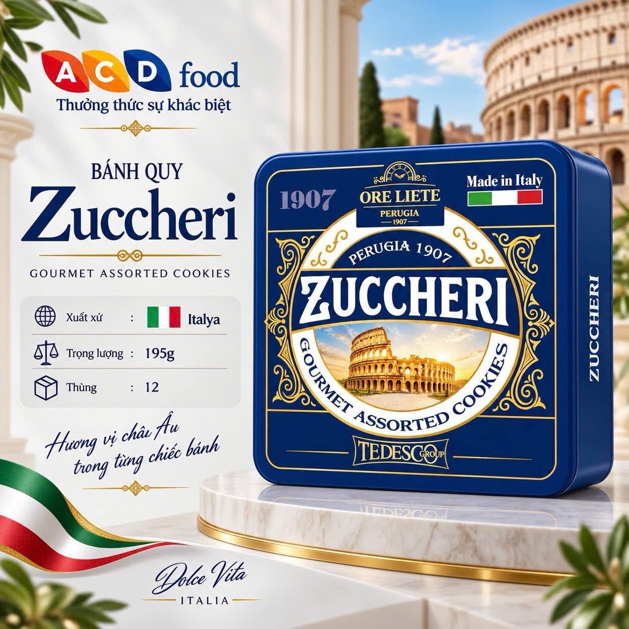 Bánh quy phủ hạt đường Zuccheri 195g*12