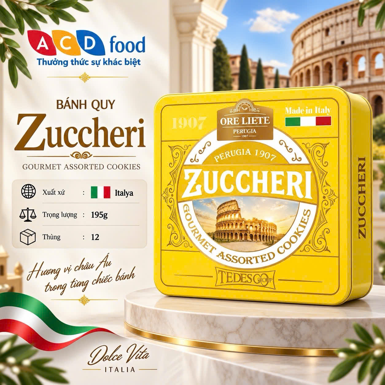 Bánh quy phủ hạt đường Zuccheri 195g*12