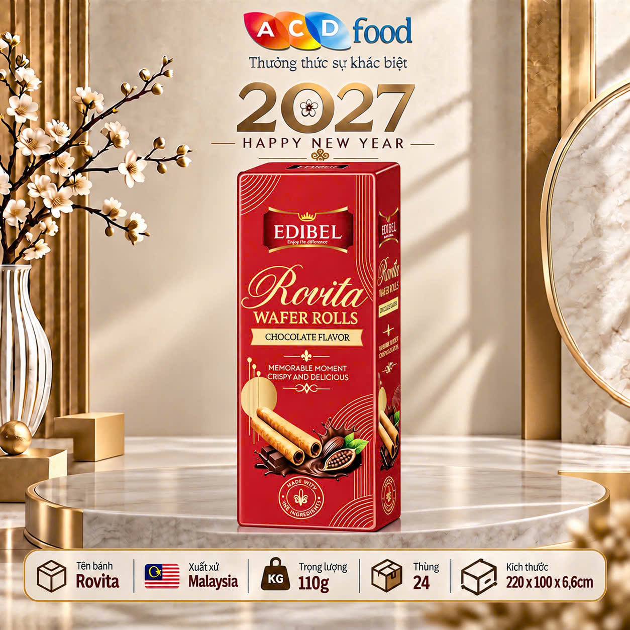 Bánh quế Rovita vị Socola 110g x 16