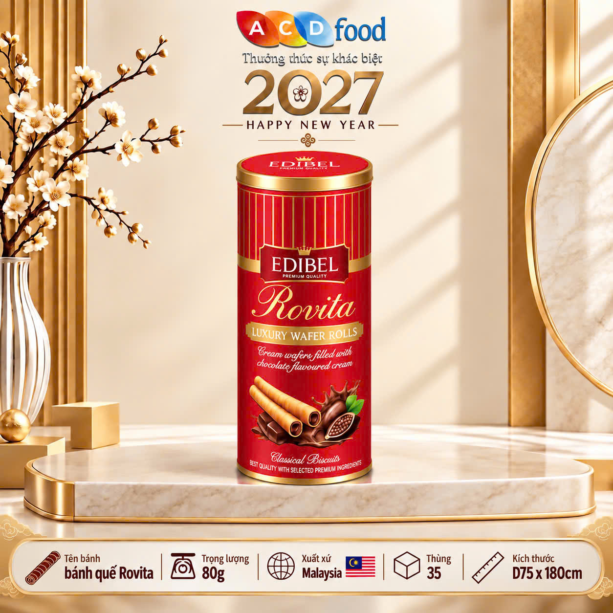 Bánh quế Rovita vị Socola 80g x 35