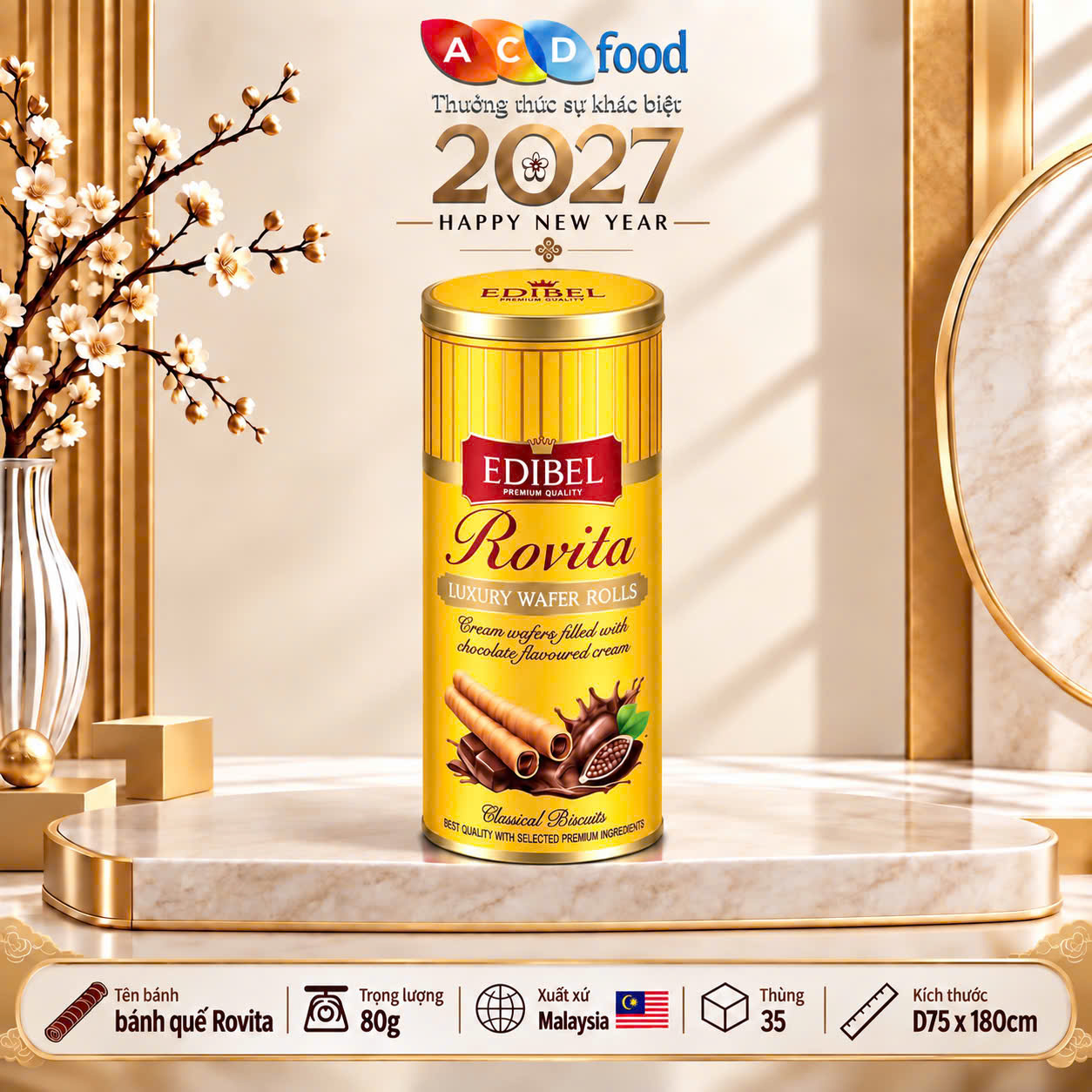 Bánh quế Rovita vị Socola 80g x 35