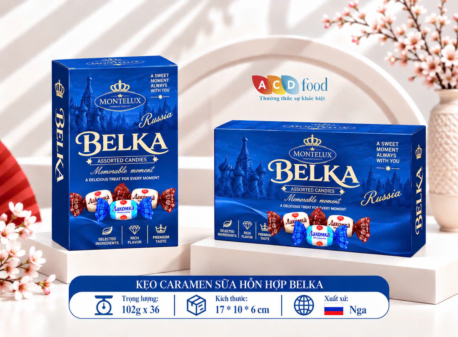 Kẹo Caramen sữa hỗn hợp Belka 102g*36 - Hộp giấy vuông (Đỏ, Vàng, Xanh)