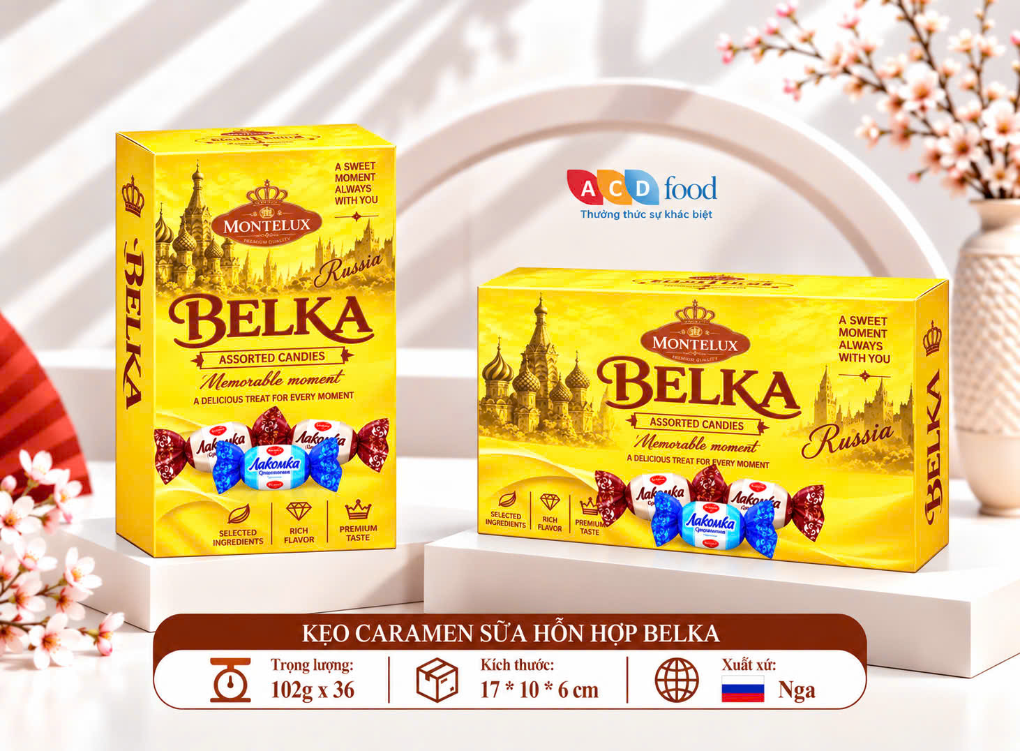Kẹo Caramen sữa hỗn hợp Belka 102g*36 - Hộp giấy vuông (Đỏ, Vàng, Xanh)