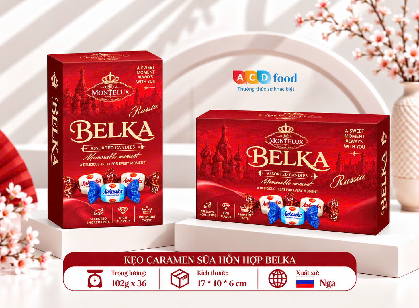 Kẹo Caramen sữa hỗn hợp Belka 102g*36 - Hộp giấy vuông (Đỏ, Vàng, Xanh)