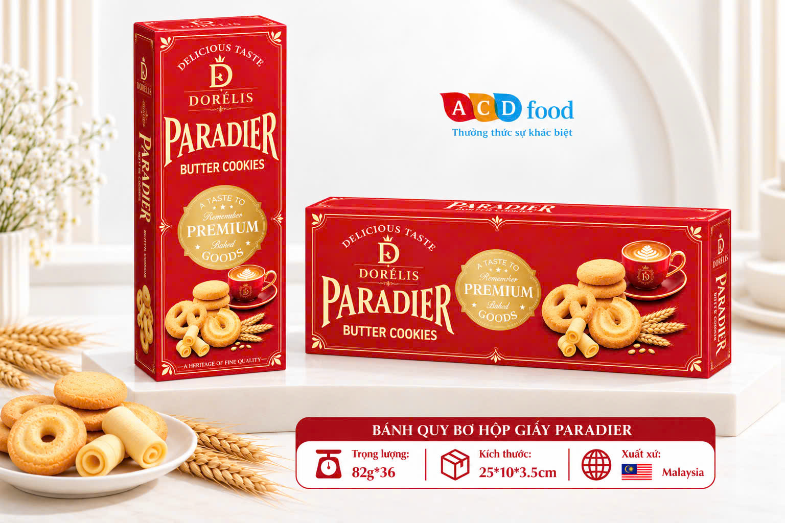 Bánh quy bơ Paradier 82g*36 - Hộp giấy dài (Đỏ, Vàng, Xanh)