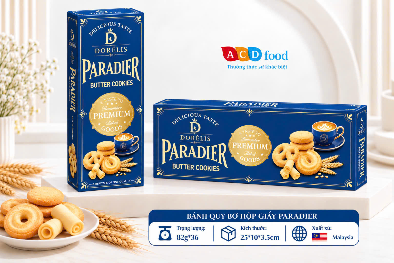 Bánh quy bơ Paradier 82g*36 - Hộp giấy dài (Đỏ, Vàng, Xanh)