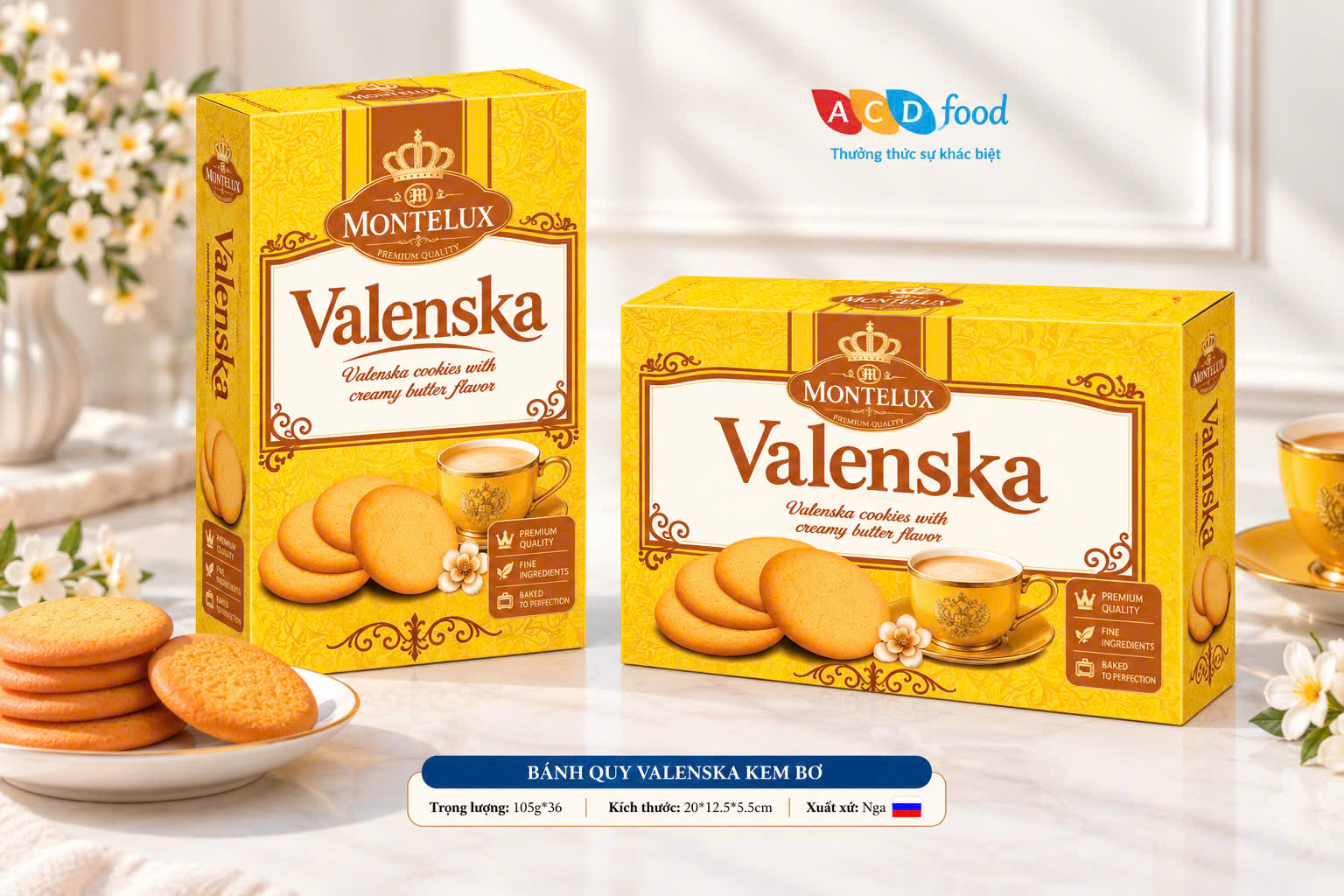 Bánh quy Valenska kem bơ 105g*36 - Hộp giấy ngắn (Đỏ, Vàng, Xanh)
