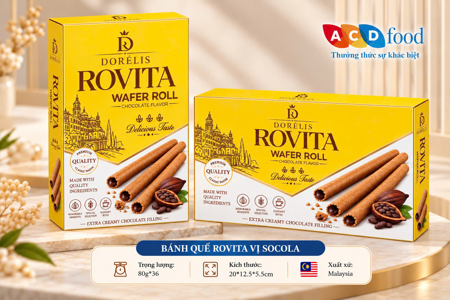 Bánh quế Rovita vị Socola 80g*36 - Hộp giấy (Đỏ, Vàng, Xanh)