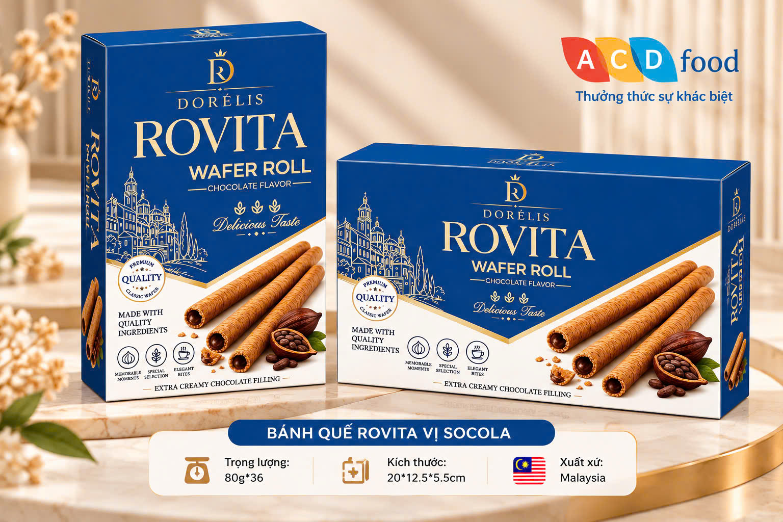 Bánh quế Rovita vị Socola 80g*36 - Hộp giấy (Đỏ, Vàng, Xanh)