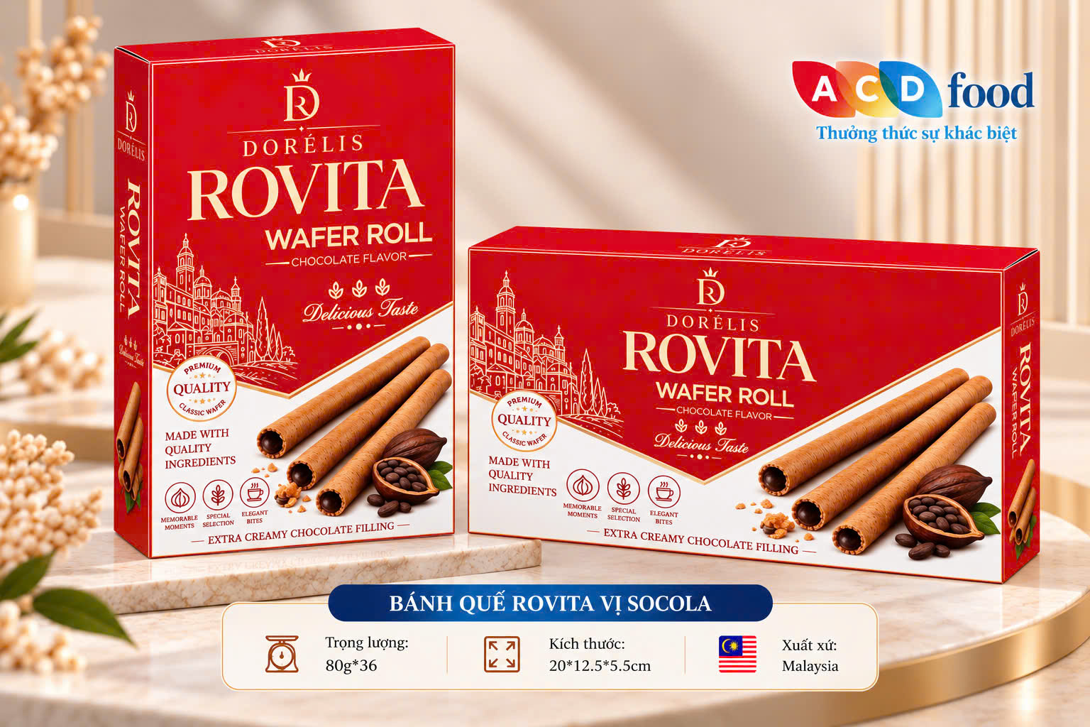 Bánh quế Rovita vị Socola 80g*36 - Hộp giấy (Đỏ, Vàng, Xanh)