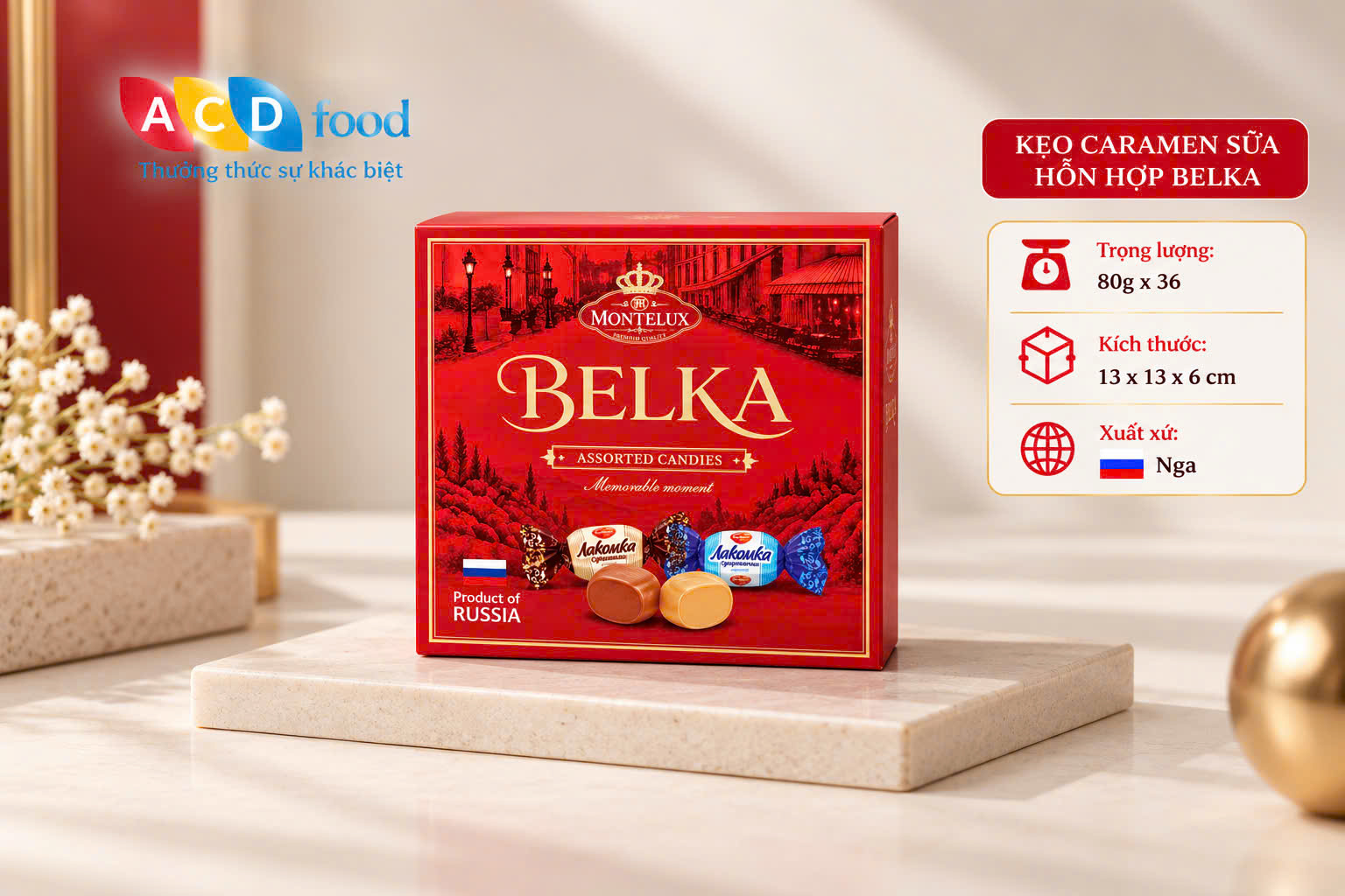 Kẹo Caramen sữa hỗn hợp Belka 80g*36 - Hộp giấy vuông (Đỏ, Vàng, Xanh)