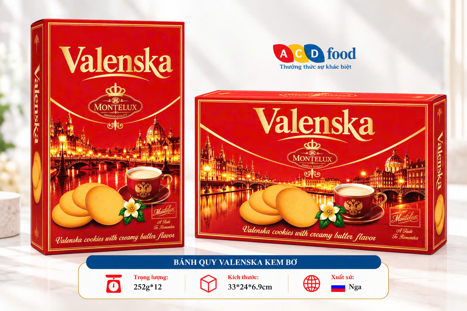 Bánh quy Valenska kem bơ 252g*12 - Hộp giấy (Đỏ, Vàng, Xanh)