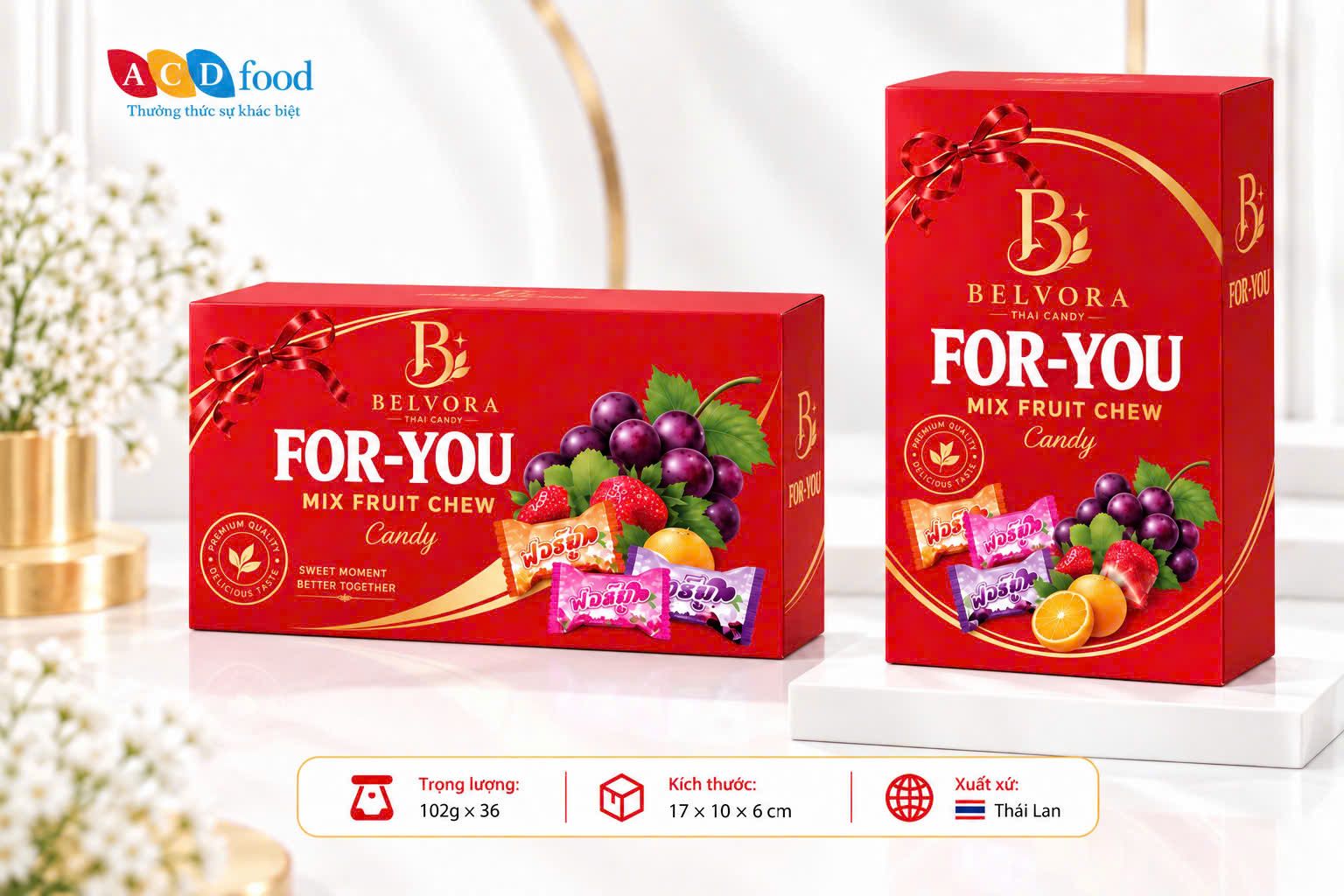Kẹo hoa quả vị hỗn hợp For You 102g*36  Hộp giấy chữ nhật (Đỏ, Vàng, Xanh)