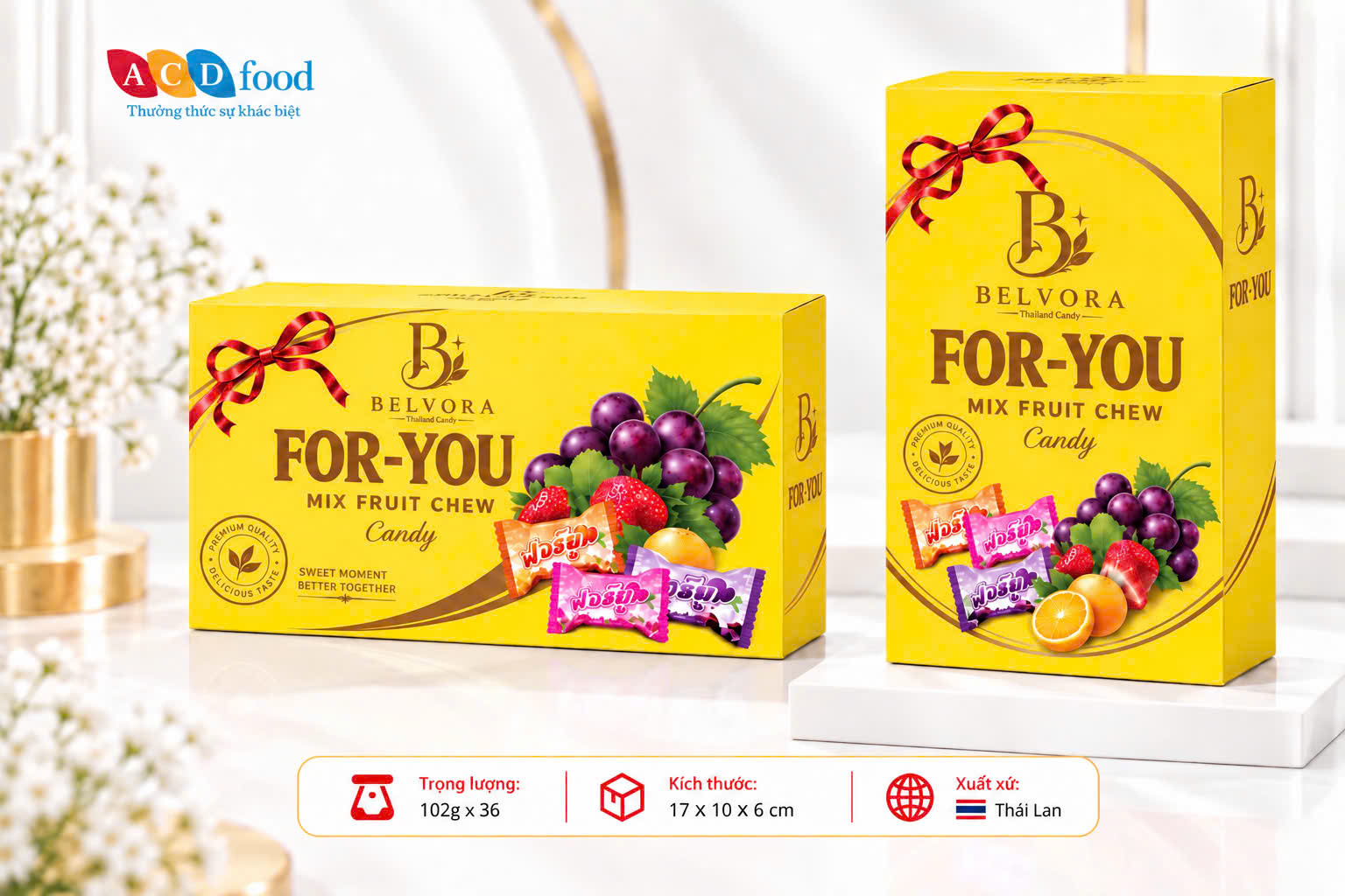 Kẹo hoa quả vị hỗn hợp For You 102g*36  Hộp giấy chữ nhật (Đỏ, Vàng, Xanh)