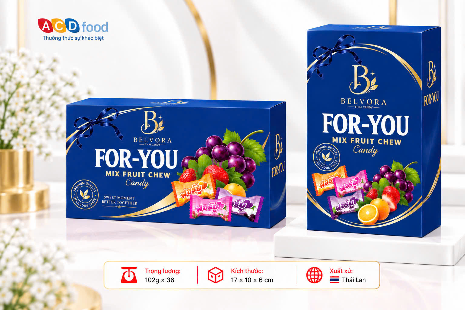 Kẹo hoa quả vị hỗn hợp For You 102g*36  Hộp giấy chữ nhật (Đỏ, Vàng, Xanh)