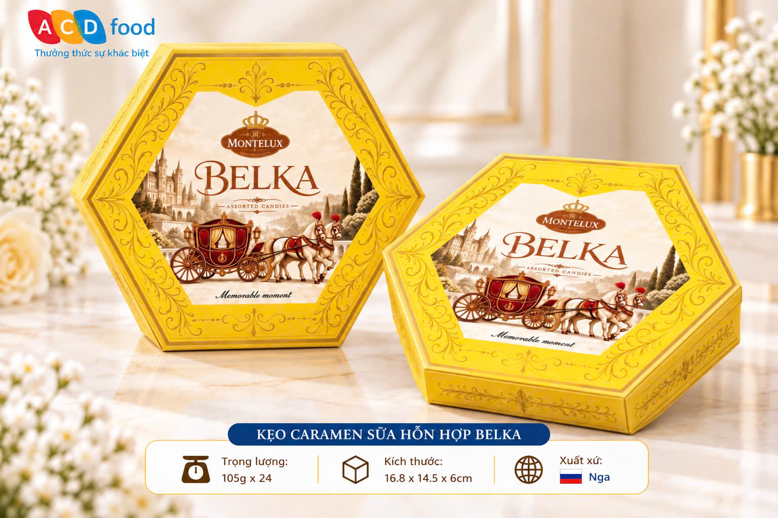 Kẹo Caramen sữa hỗn hợp Belka 105g*24 - Hộp giấy lục giác (Đỏ, Vàng, Xanh)