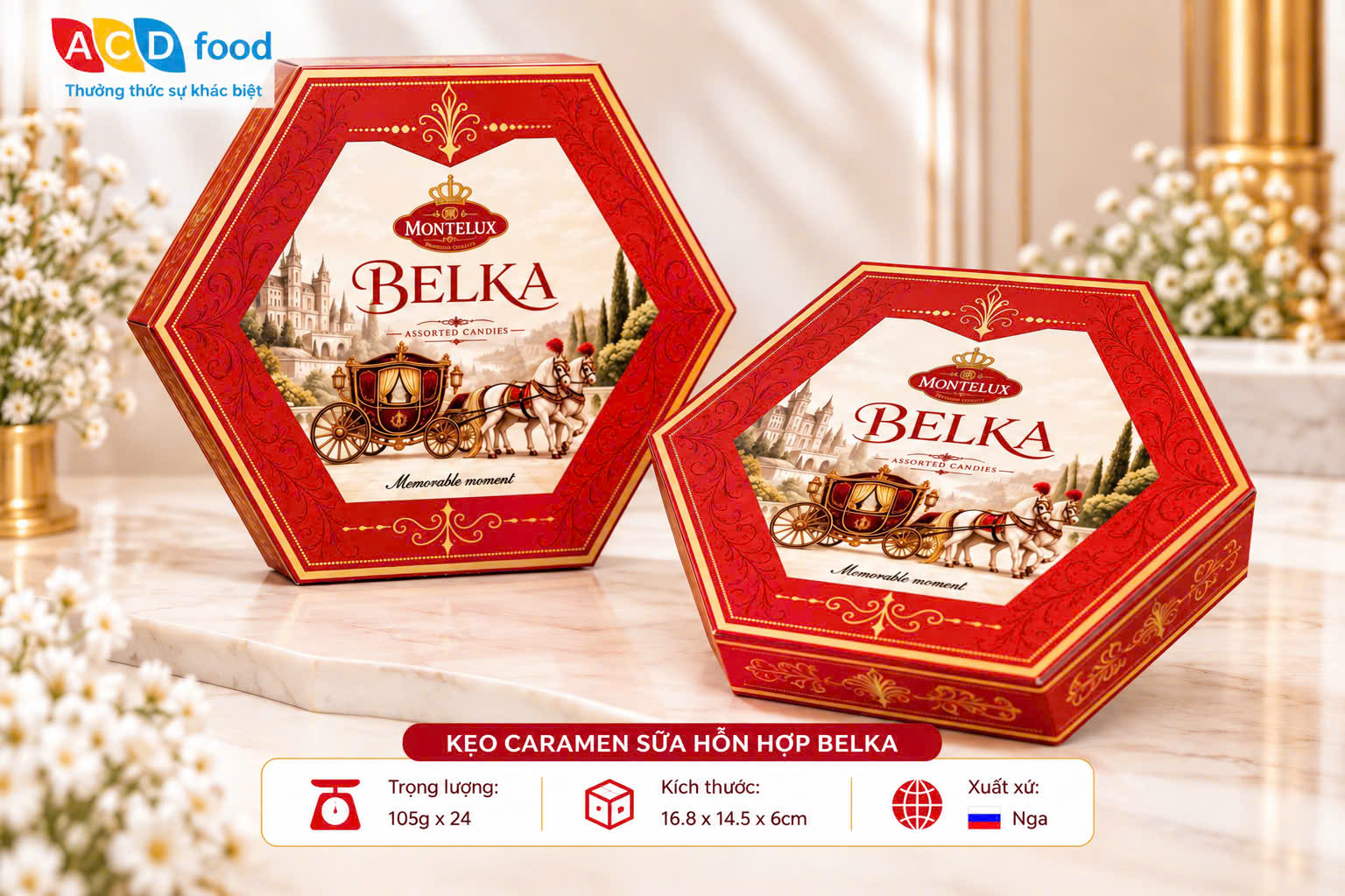 Kẹo Caramen sữa hỗn hợp Belka 105g*24 - Hộp giấy lục giác (Đỏ, Vàng, Xanh)