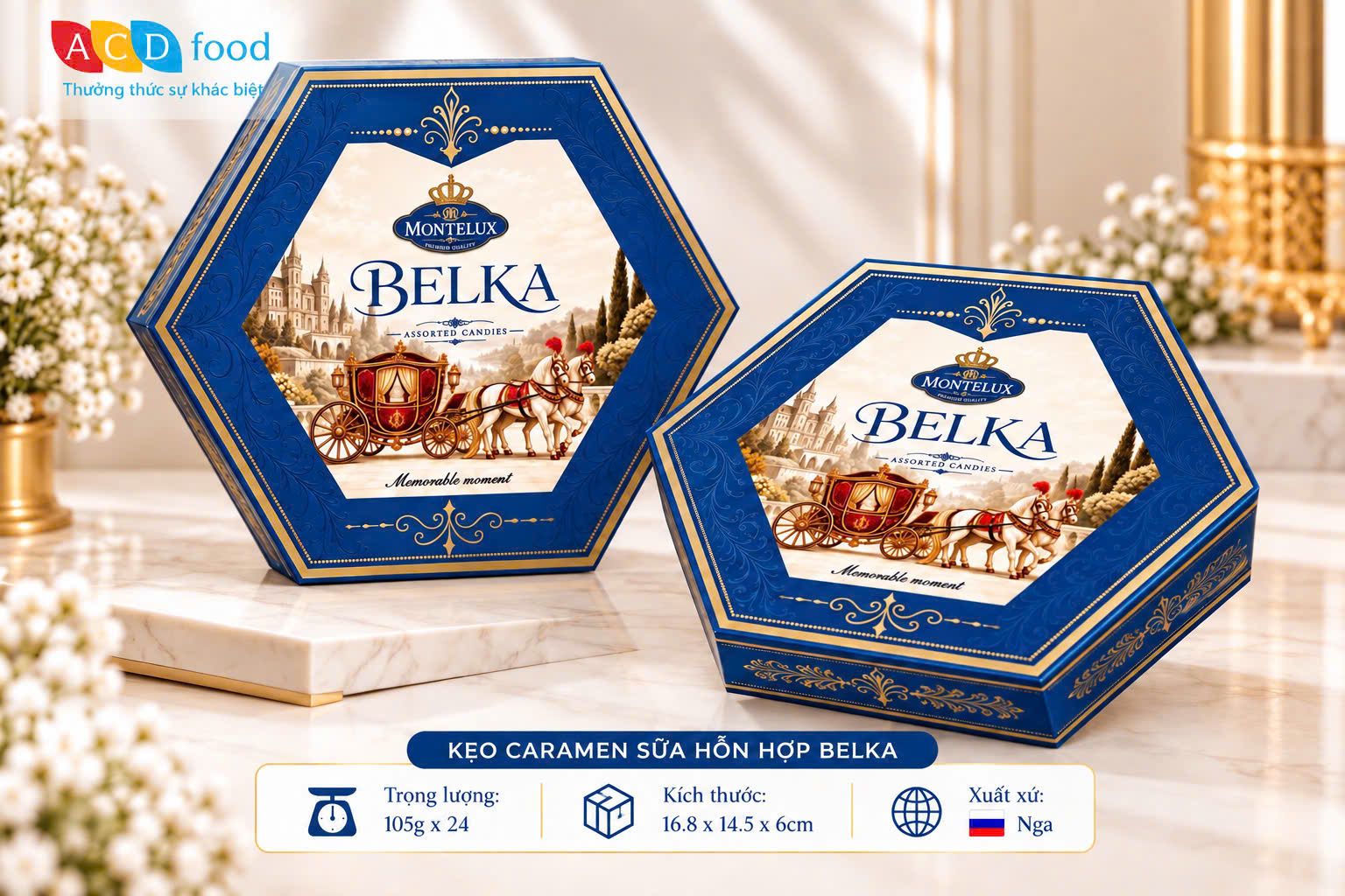 Kẹo Caramen sữa hỗn hợp Belka 105g*24 - Hộp giấy lục giác (Đỏ, Vàng, Xanh)