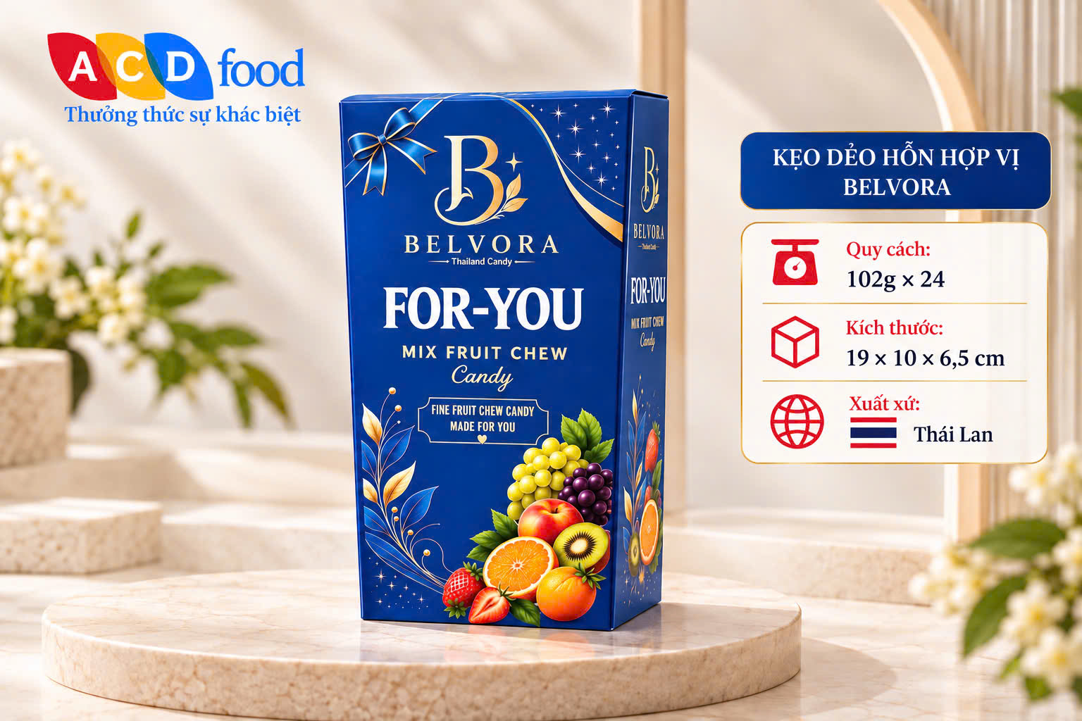 Kẹo hoa quả vị hỗn hợp For You 102g*24 - Hộp giấy hình thang (Đỏ, Vàng, Xanh)