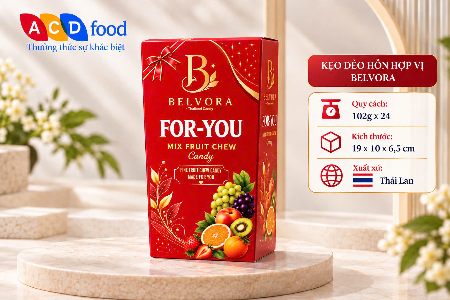 Kẹo hoa quả vị hỗn hợp For You 102g*24 - Hộp giấy hình thang (Đỏ, Vàng, Xanh)