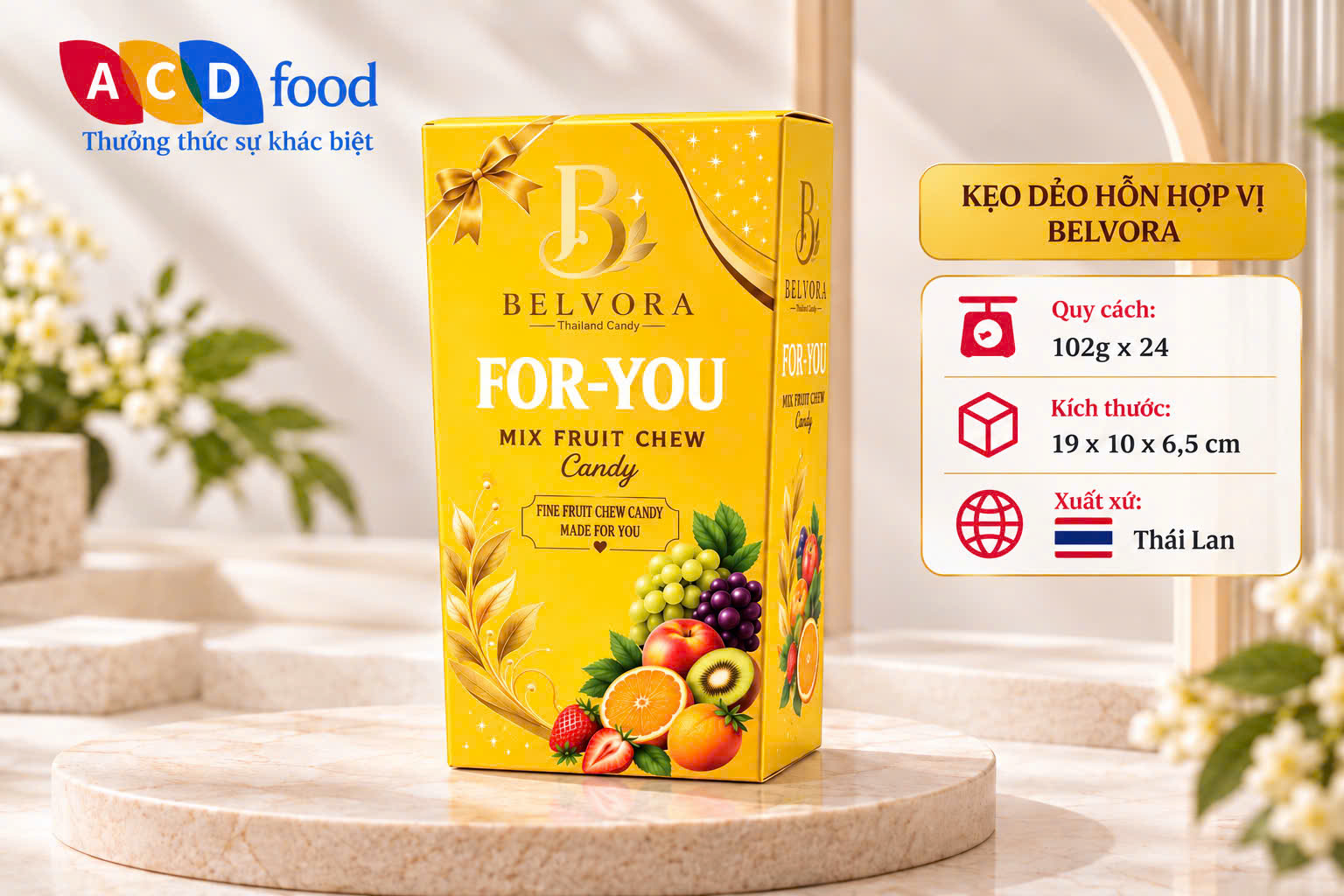 Kẹo hoa quả vị hỗn hợp For You 102g*24 - Hộp giấy hình thang (Đỏ, Vàng, Xanh)