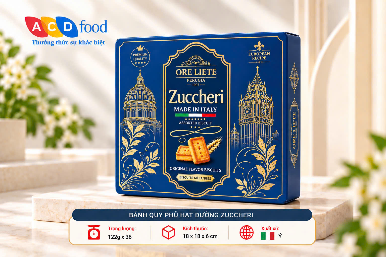 Bánh quy phủ hạt đường Zuccheri 122g*36  - Hộp giấy vuông (Đỏ, Vàng, Xanh)