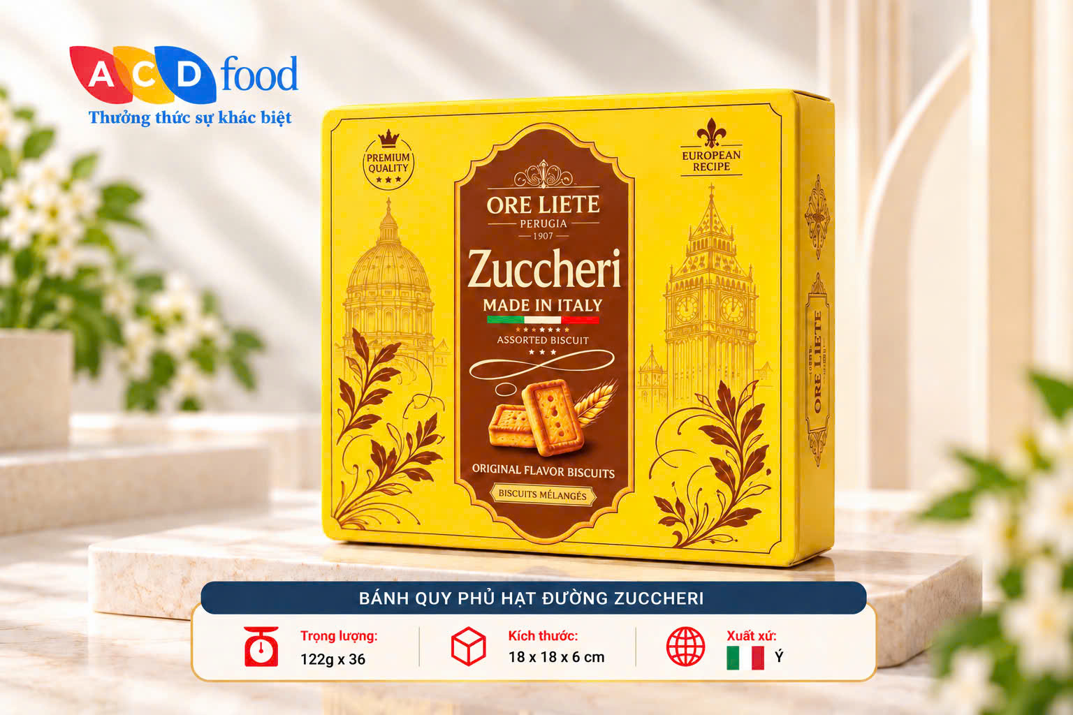 Bánh quy phủ hạt đường Zuccheri 122g*36  - Hộp giấy vuông (Đỏ, Vàng, Xanh)