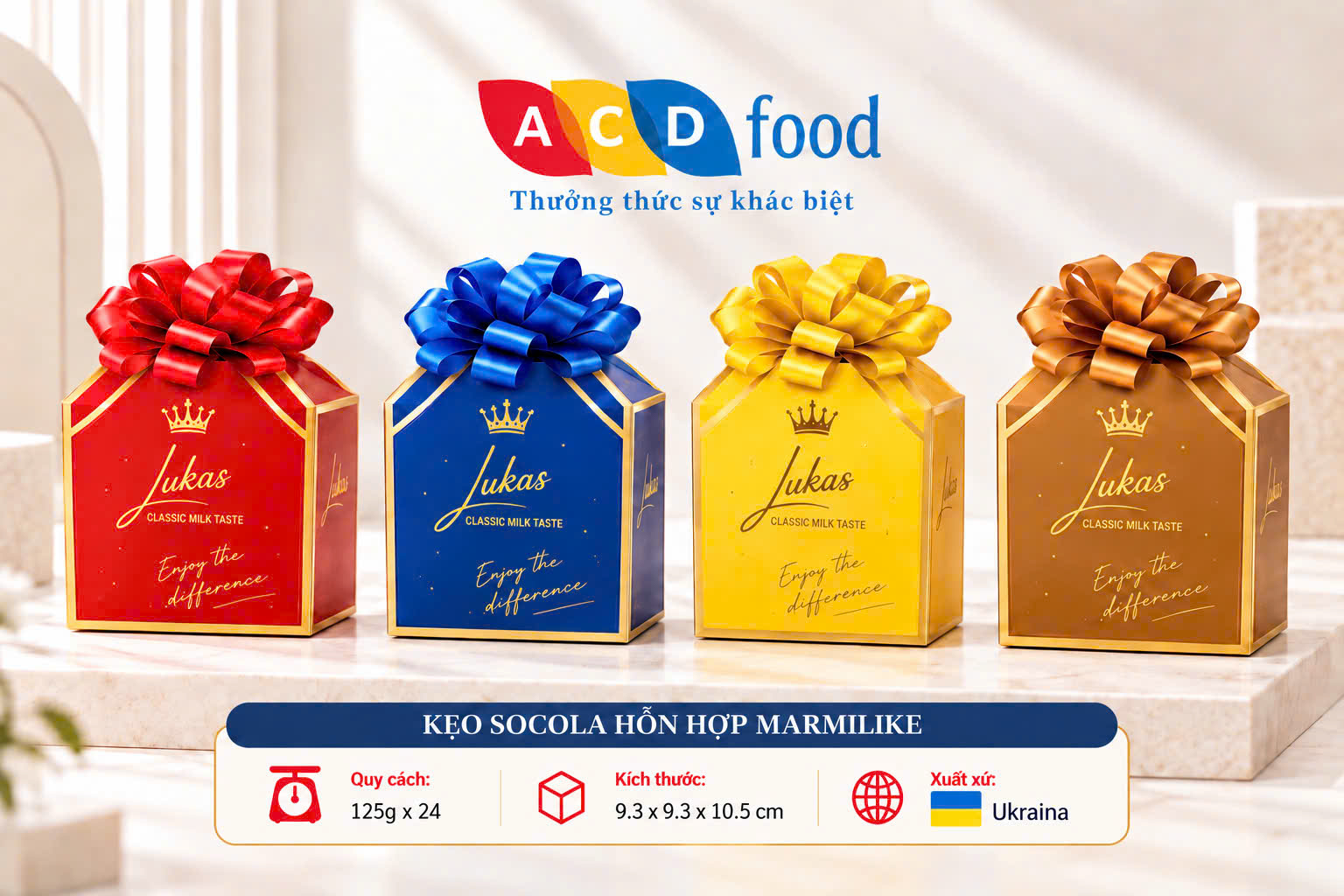 Kẹo socola hỗn hợp Marmilike 125g*24  - Hộp giấy nơ nhỏ (Đỏ, Vàng, Xanh, Gold)