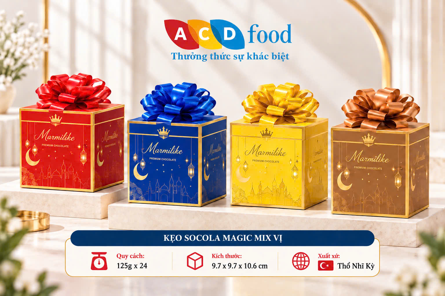Kẹo socola sữa Magic nhân kem vị hỗn hợp 125g*24 - Hộp giấy nơ to (Đỏ, Vàng, Xanh, Gold)